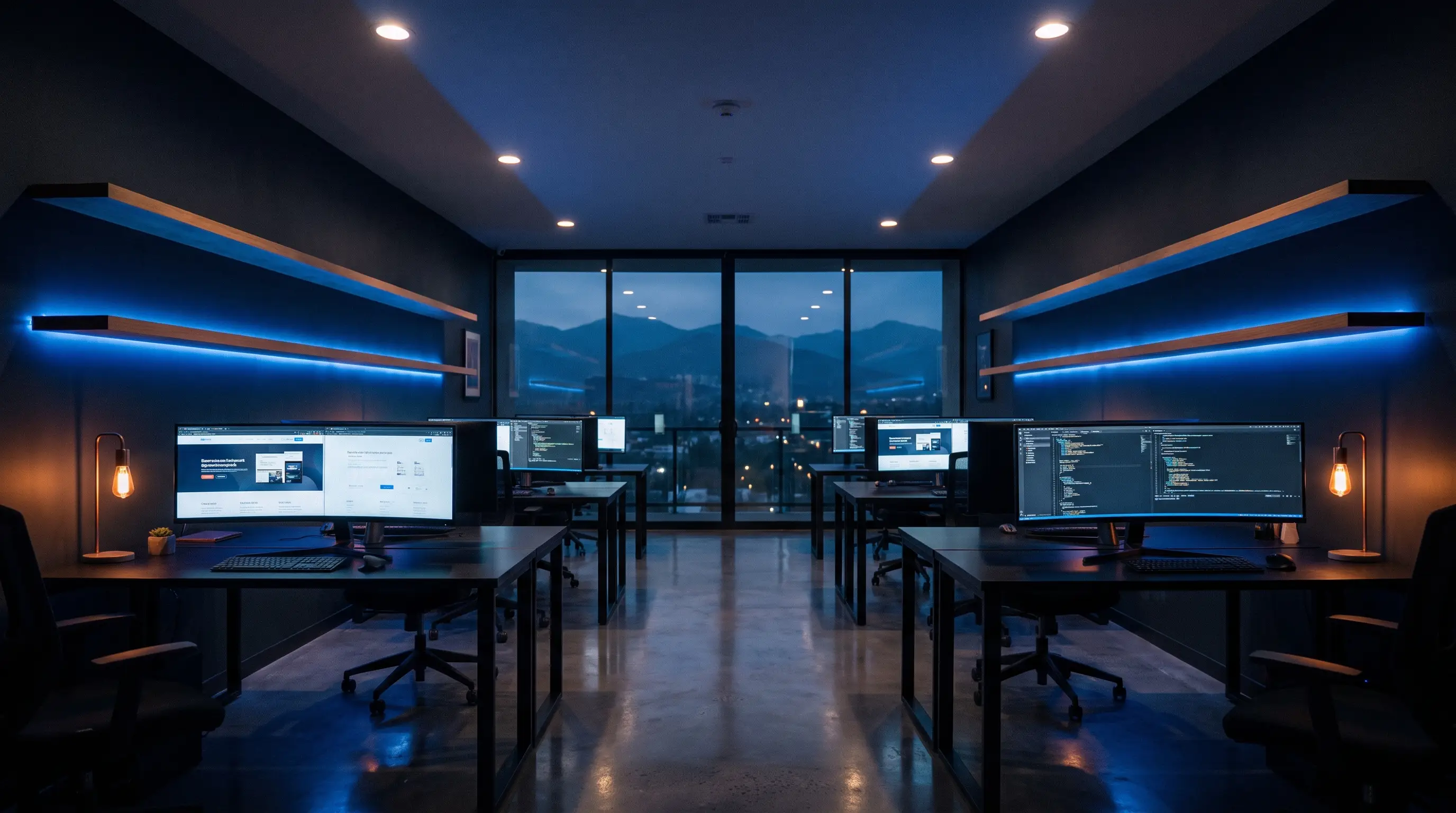 The Progon studio at dusk: desks with monitors displaying website designs and code
